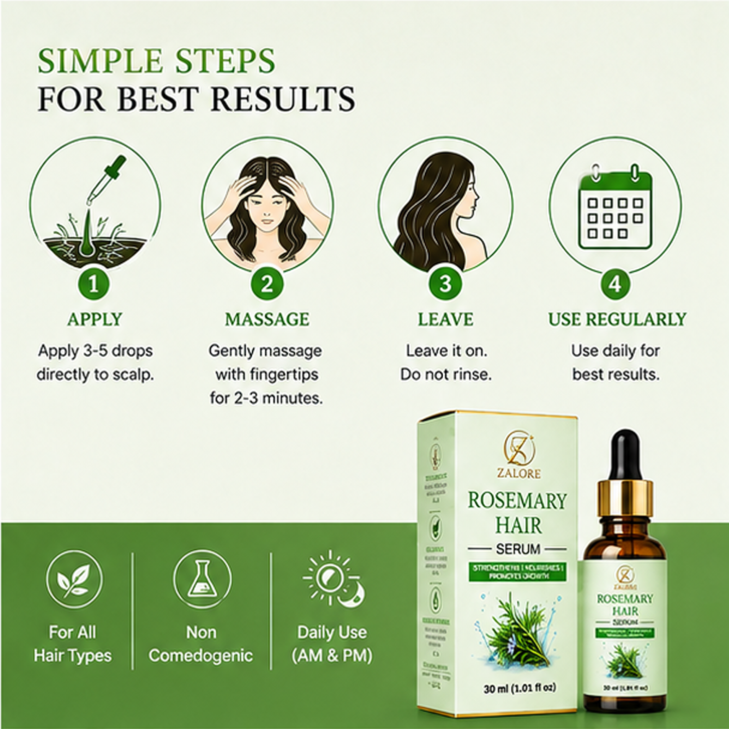 ZALORE Rosemary Hair Serum | Hair Growth & Scalp Nourishing Serum | Strengthens & Repairs Hair | 30ml