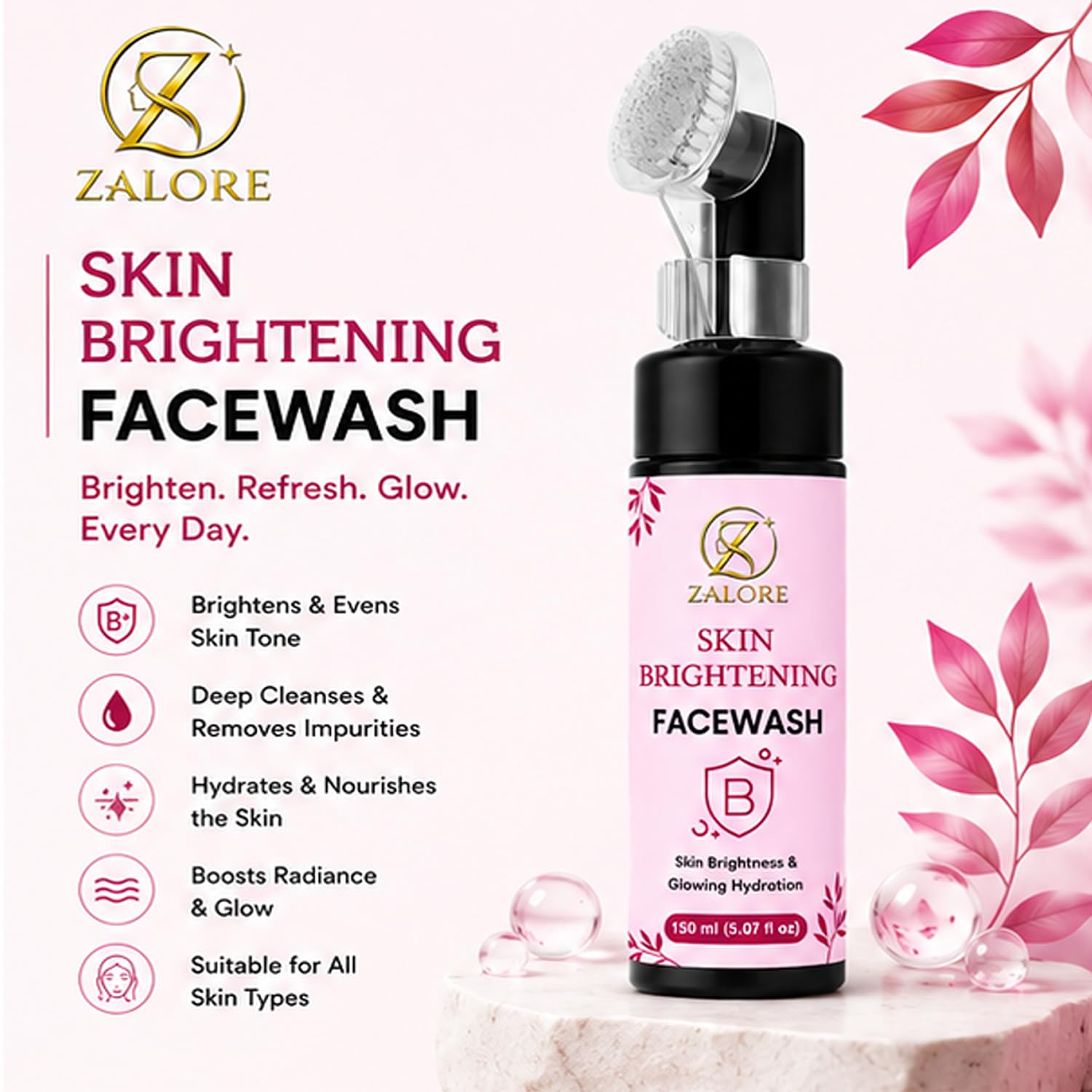ZALORE Skin Brightening Face Wash with Silicone Brush, Hydrating Facial Cleanser Helps Refresh, Cleanse & Improve Skin Radiance for All Skin Types, 100ml