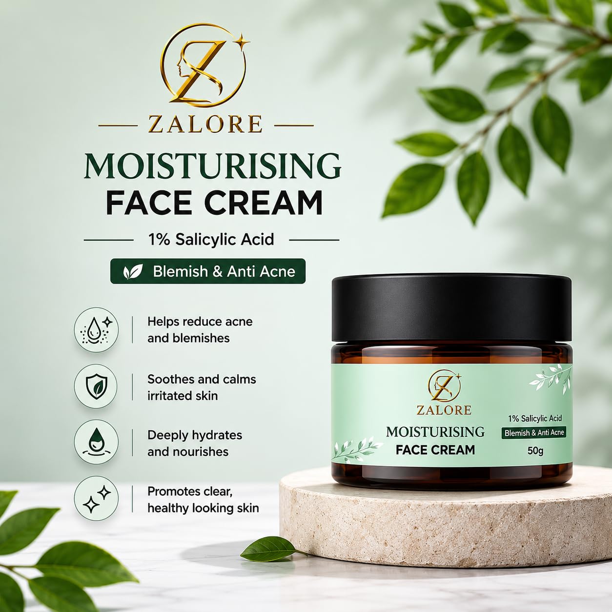 zalore™ salicylic acid moisturizing face cream | acne care & oil-balance hydration | 50g