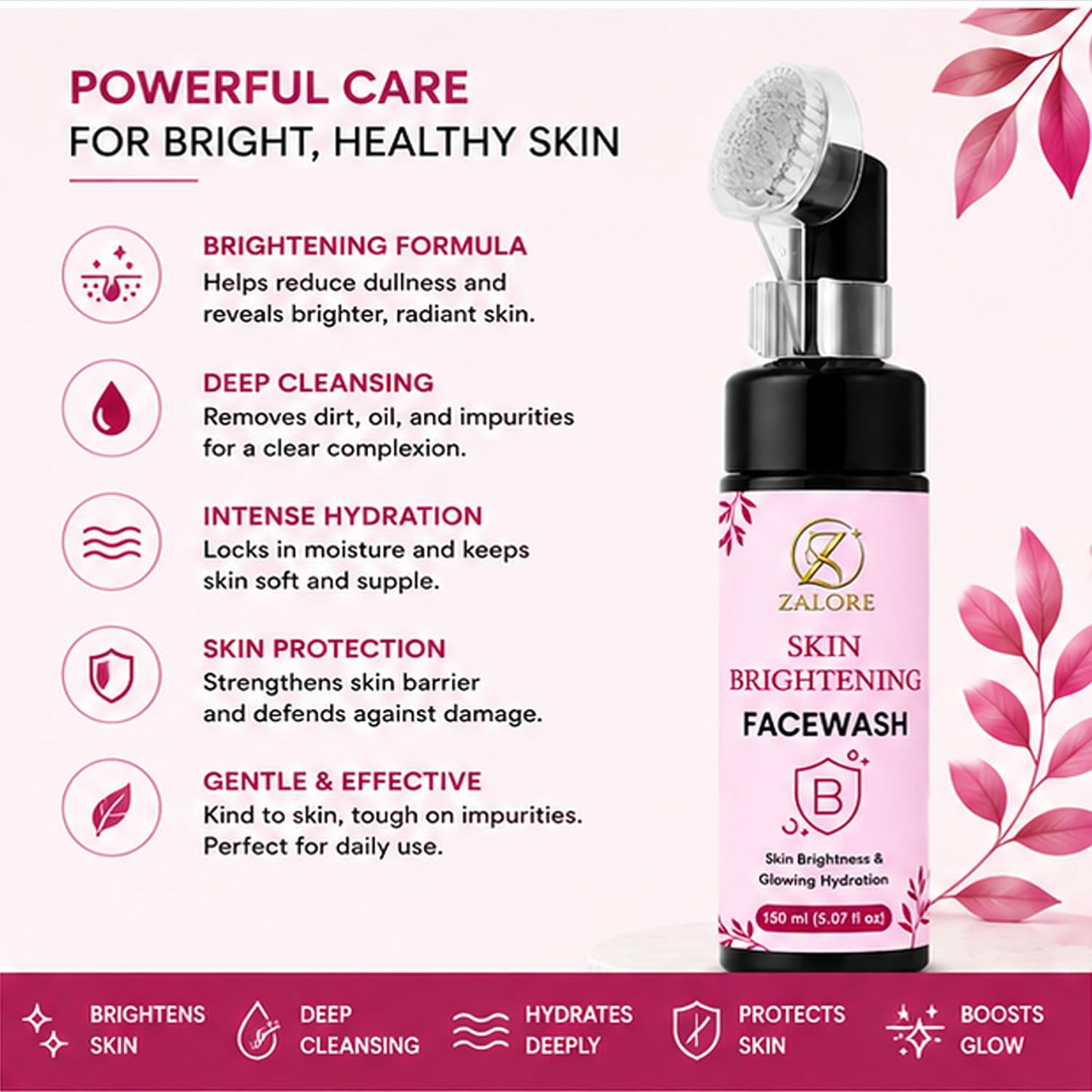 zalore™ brightening face cleanser with silicone brush | hydrating & deep cleansing face wash | 100ml