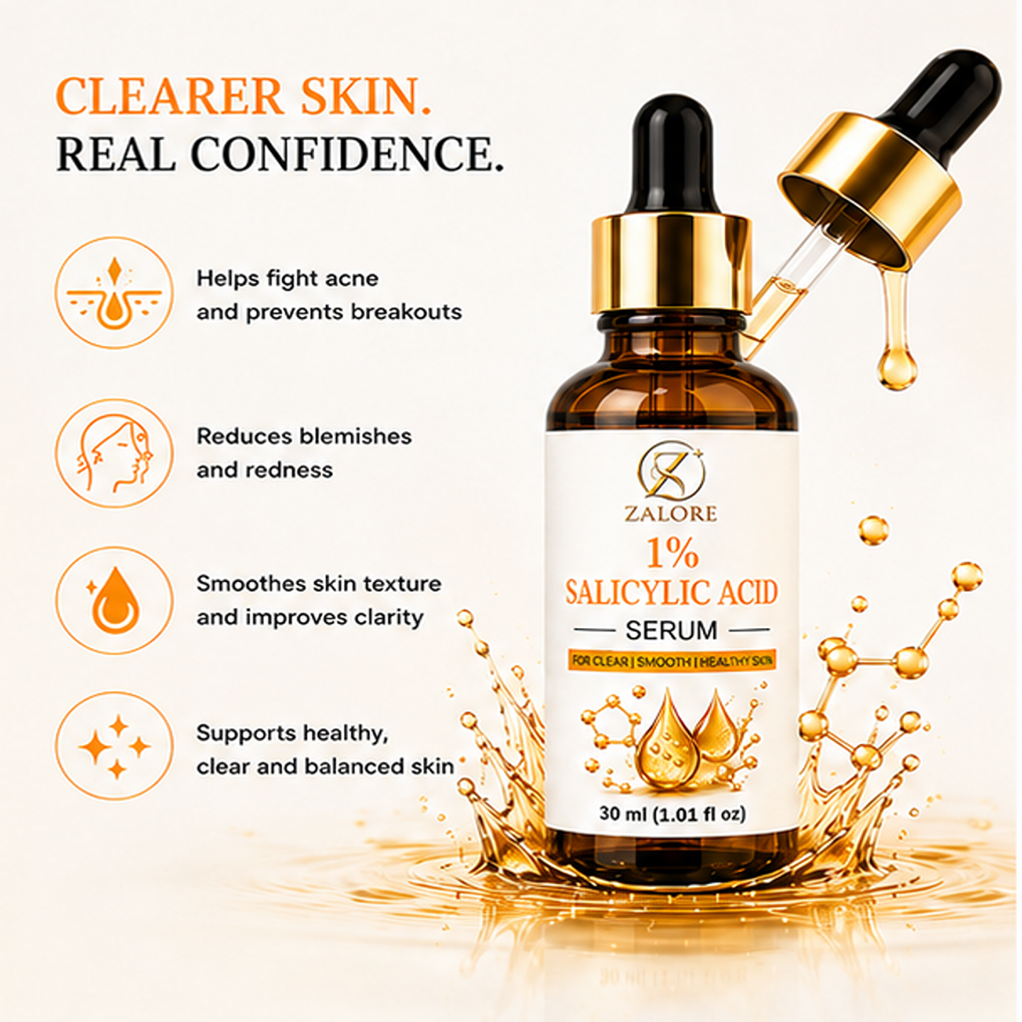 zalore™ 1% salicylic acid clarifying serum | acne control & pore refining care | 30ml