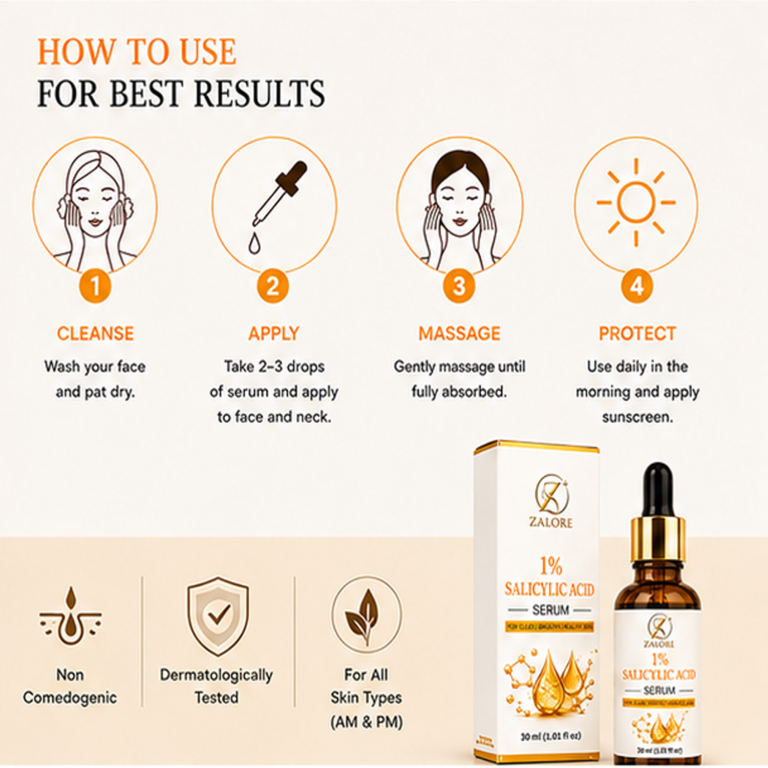 ZALORE 1% Salicylic Acid Serum | Acne Control & Pore Refining Face Serum | 30ml