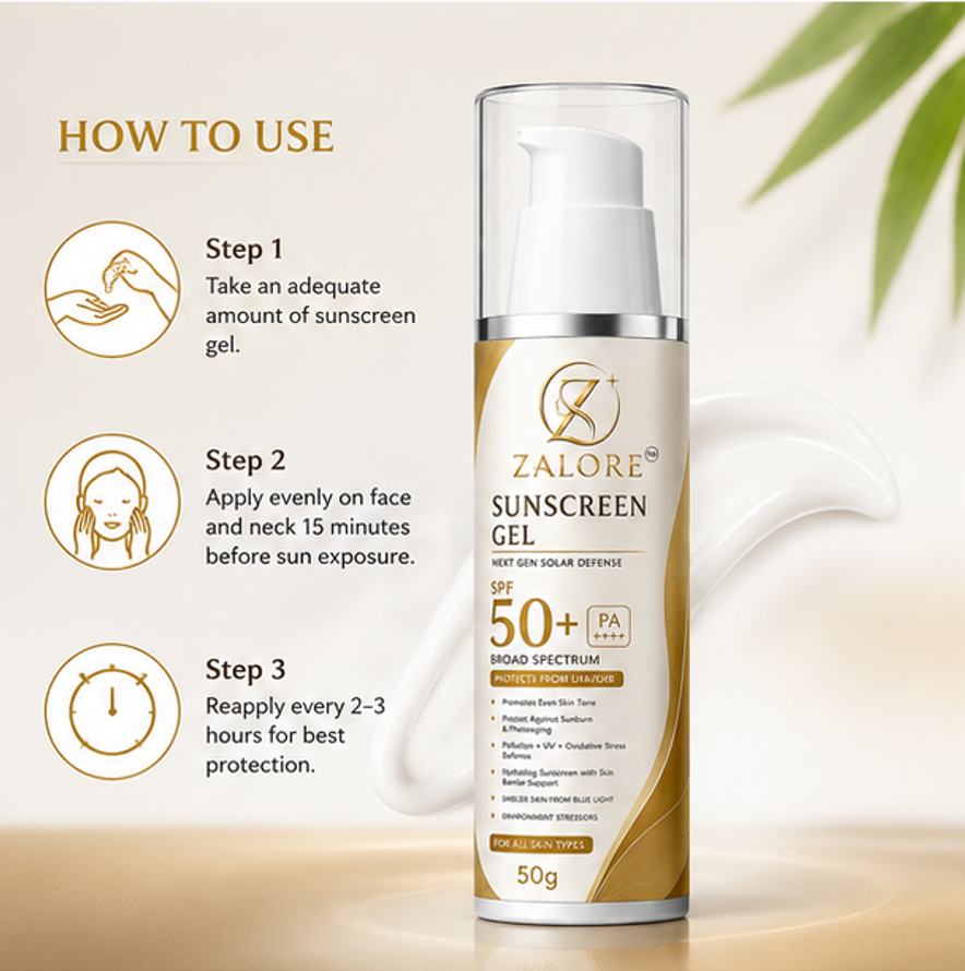 zalore™ sunscreen gel spf 50+ pa++++ | ultra-light broad spectrum sun protection | 50g