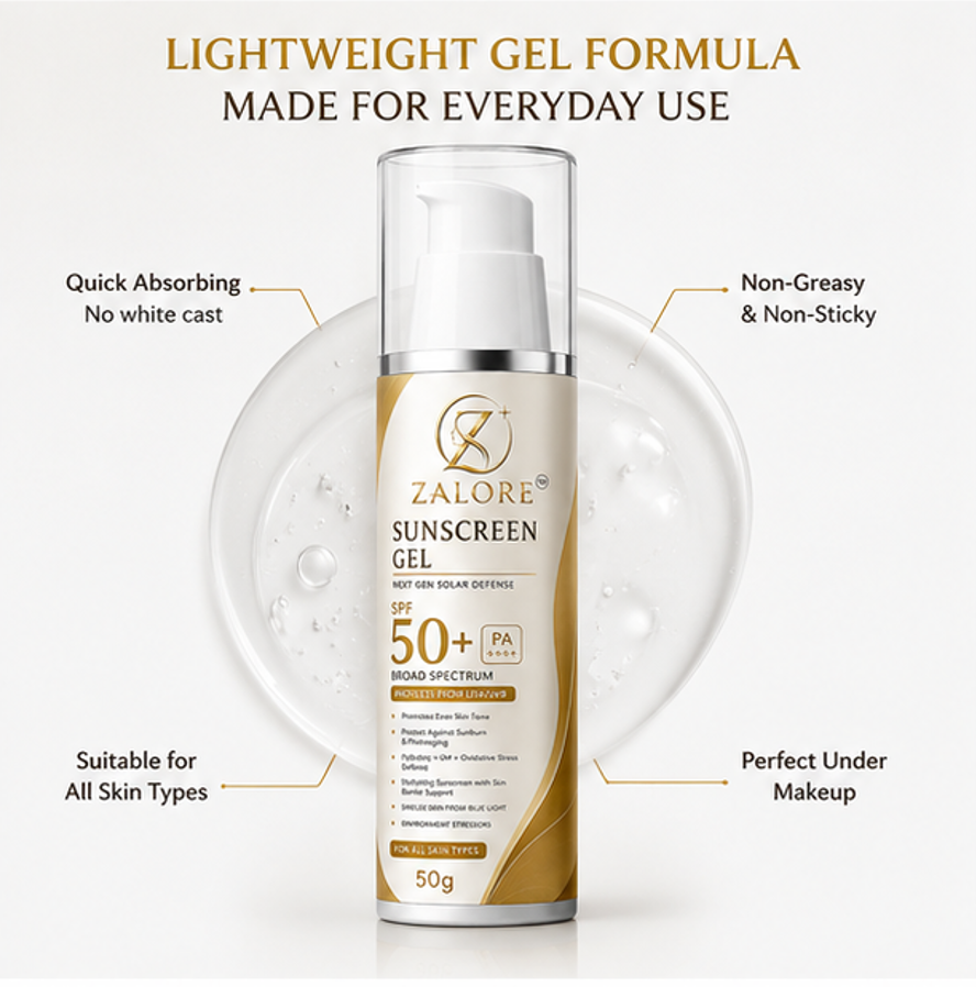 zalore™ sunscreen gel spf 50+ pa++++ | ultra-light broad spectrum sun protection | 50g